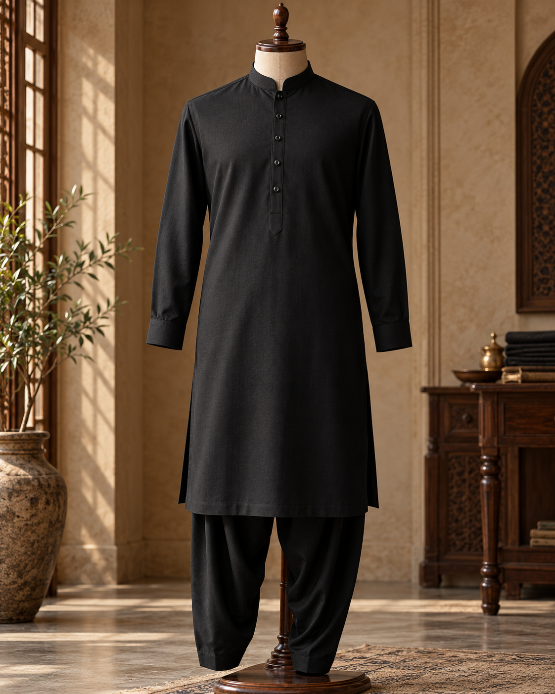 Illustrative black kurta and shalwar with tonal buttons and carefully finished seams, without a waistcoat