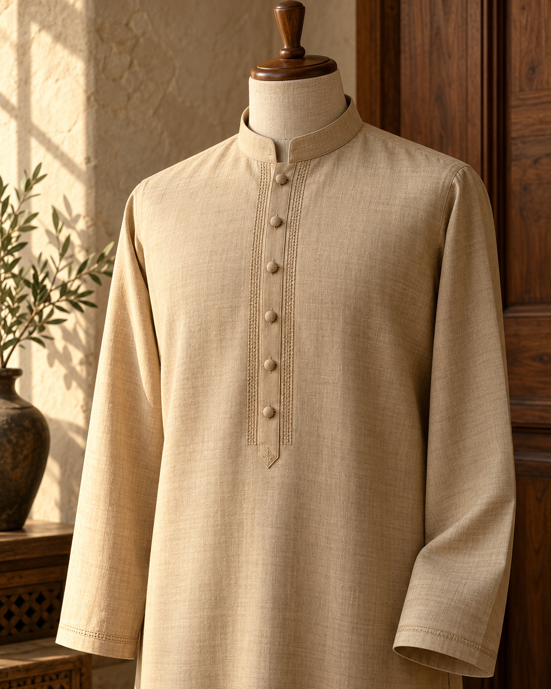 Illustrative sand kurta showing the band collar, buttons and textured fabric