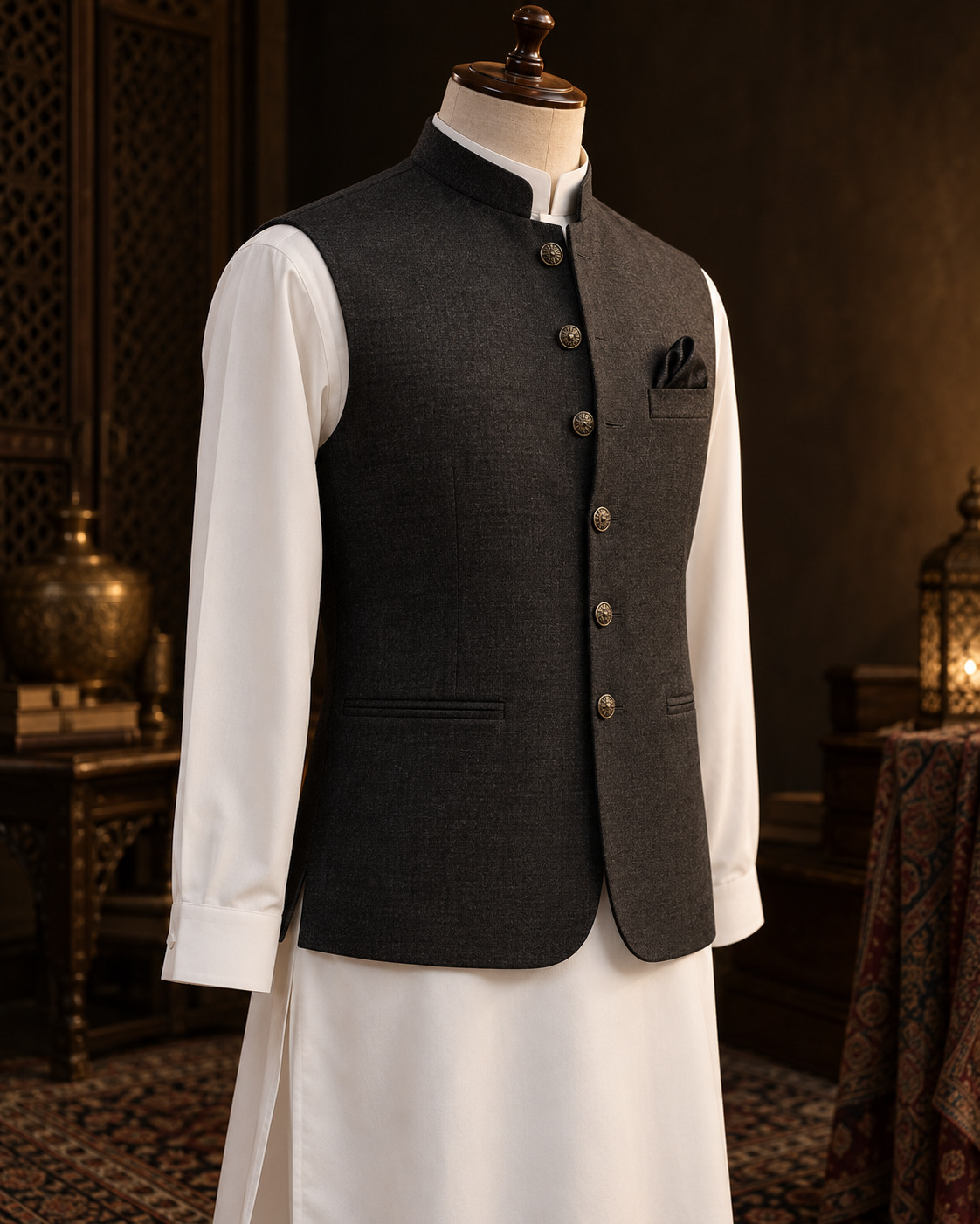 Illustrative charcoal waistcoat over a white shalwar kameez